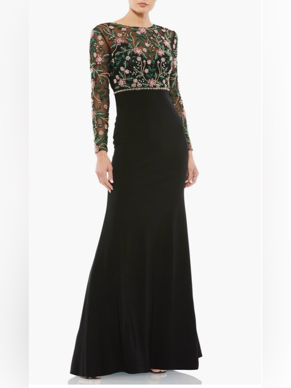 Mac Duggal Black Long-Sleeve Beaded Dress with Green & Pink Embroidery